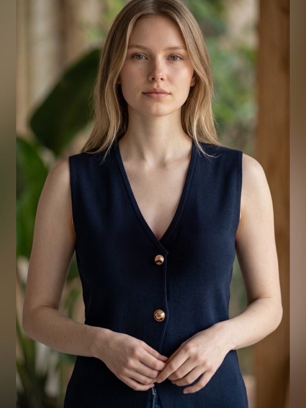 Zara Navy Sleeveless V-Neck Button Knit Top small - Picture 1 of 3